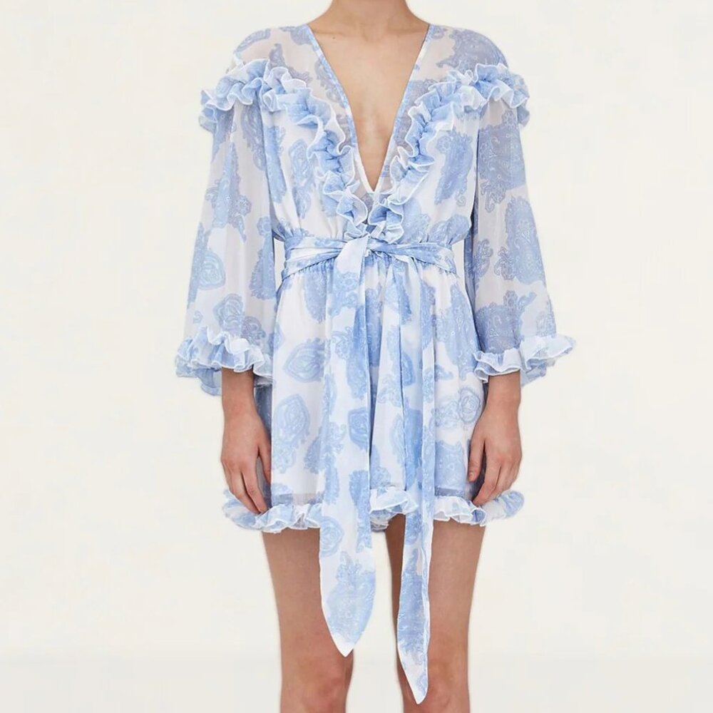 Keepsake The Label Long Sleeve Ruffled Blue & White Clearway Playsuit Size S